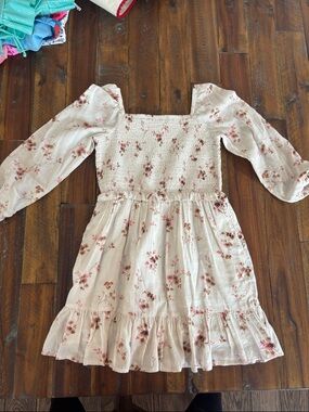 Girls Floral Smocked Long-Sleeve Dress - Cream with Pink Floral- Vineyard Vines